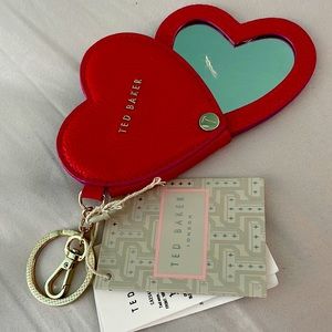 NWT TED BAKER RED LEATHER HEART KEY FOB W MIRROR. GOLD ACCENTS.